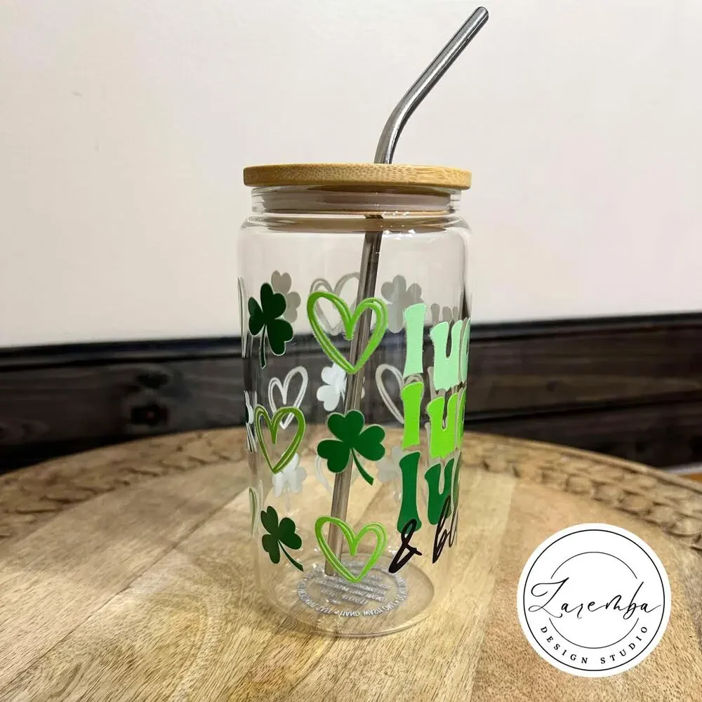 Lucky Lucky Lucky & Blessed Libbey Cup, St. Patrick's Day Beer Can Glass, Clover